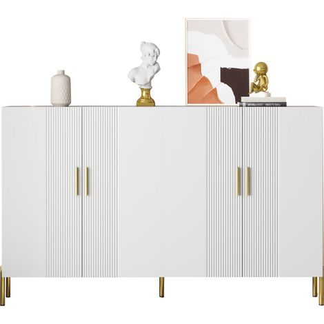 Sideboard aus Spanplatte in Weiß matt 160 x 35 x 100 cm, 4 Türen, 4 verstellbare Einlegeböden, Metallgriffe und -füße in Gold (1/5)