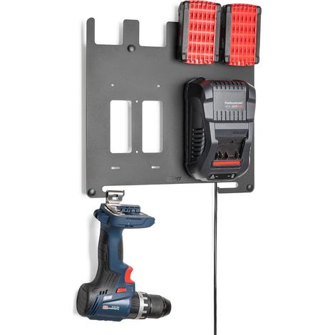 Metal wall mount for 18 V batteries and chargers • Compatible with GAL 18V-40, GAL 18V-160C, 1880 HP, 3680 HP and GAX 18V-30 • Charging station • Drill hook (1/5)