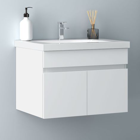 60 cm Waschtisch mit Unterschrank Badmöbel Set mit Waschbecken Keramik dick Gäste WC Weiß Matt (1/5)