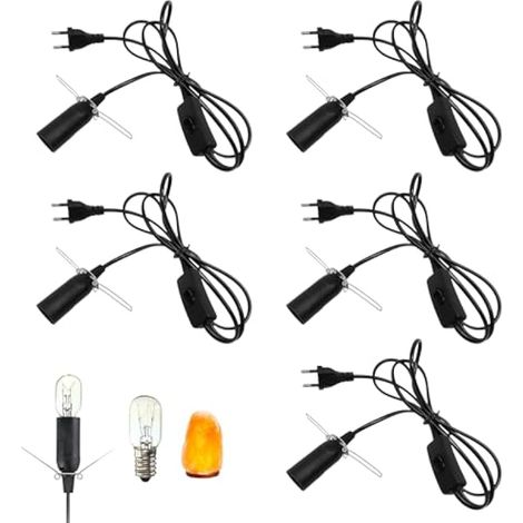 Câble avec interrupteur pour lampes de sel E14 : Lot de 5 câbles avec interrupteur pour douille E14, 1,8 m de long et prise européenne, pour salon, chambre et bureau (noir) (1/5)