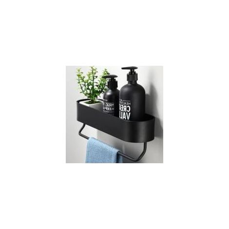 Badezimmerregal mit Klebebefestigung, kein Bohren erforderlich, schwarzer Duschkorb, Shampoo-/Duschablage, Aufbewahrungskorb mit Handtuchhalter (1/4)