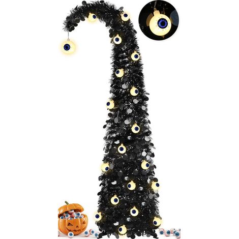 Sapin d'Halloween fantaisiste avec guirlande lumineuse en forme de globes oculaires, 1,5 m, noir, sapin de Noël pop-up avec 30 globes oculaires, sapin incurvé pliable pour appartement, porche (1/5)