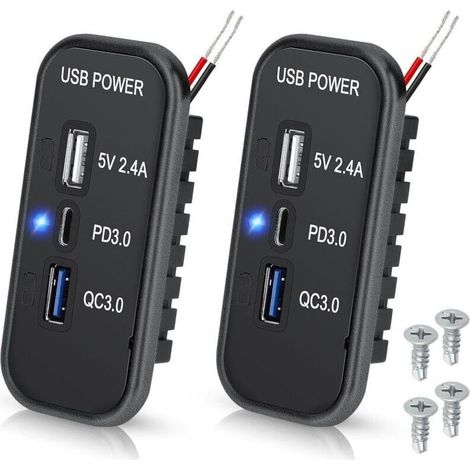 Prise USB 12 V, port USB-C PD3.0, chargeur QC3.0 et port USB-A 2,4 A, panneau de charge rapide 3 ports pour voiture/bateau - 2 pièces (1/4)