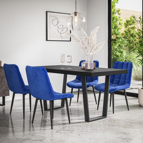 Aria Dining Table And Chairs -  Black Table Top w Black Legs + Nova Velvet Dining Chair Set Of 6 (Blue) (1/5)