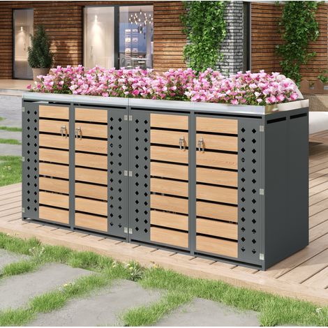 Abri cache-poubelles 4 compartiments gris effet bois en acier galvanisé avec bac à plantes et portes verrouillables (1/5)