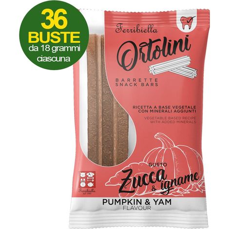 Snack Barrette per cani Ortolotti gusto zucca e igname 36 mini pack da 2 pezzi ciascuno