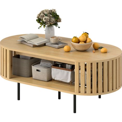 Table basse ovale à lattes, meuble de salon avec rangement, coins sécurisés, 100x50x40 cm, aspect bois naturel (1/5)