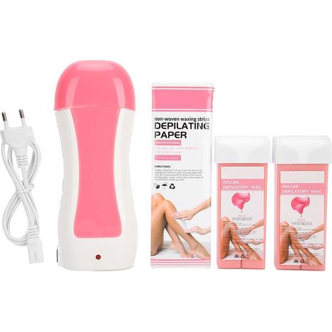 Chauffe-cire épilation portable avec bandes et papier rose, prise EU 220V (1/5)