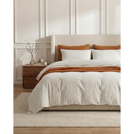 Parure de lit 3 pièces en mousseline de coton - 200 x 200 cm - Blanc - Housse de couette 200 x 200 cm et 2 taies d'oreiller 80 x 80 cm - Avec boutons - Blanc (1/5)