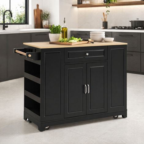 Isla de cocina (131.8x40x93.3 cm), con encimera abatible, enchufes integrados, MDF, negro y natural (1/5)