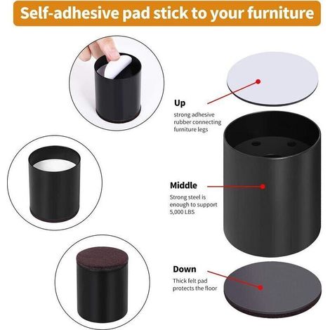 Set di 4 rialzi per letto in acciaio al carbonio, rialzi per mobili che aggiungono 5 cm di altezza, supportano 10000 libbre, rialzi per tavolo, sedia o divano, salvaspazio per ufficio e letto (nero), (1/4)