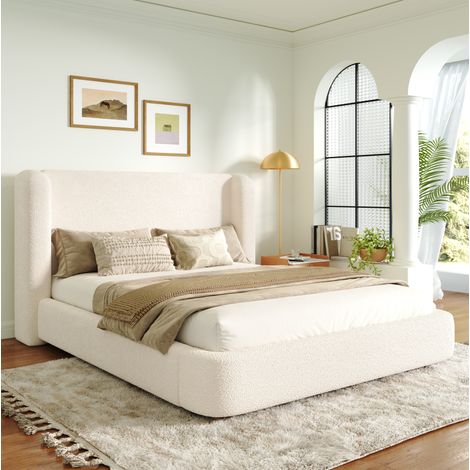Doppelbett 180x200 cm beige Bouclé mit Lattenrost und gepolstertem Kopfteil (1/5)