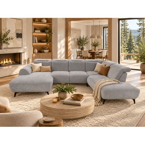 Wohnlandschaft Sofa U-Form ALETTE in Stoff Doha Grau Lange Schenkel Rechts (1/5)