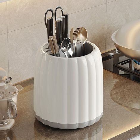 Bloc porte-couteaux rotatif à 360°, grande capacité, avec rangement amovible et bloc porte-cuillères pour la cuisine, blanc perle (1/5)