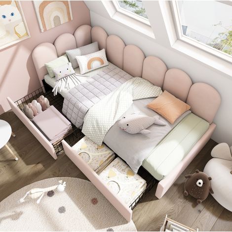 MEUBLIV Lit banquette capitonné en velours rose avec rangement 90 x 190 cm avec deux tiroirs et sommier à lattes pour chambre jeunesse et invités (1/5)