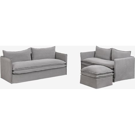 Conjunto de salón con sofá de 2 plazas, sofá de 3 plazas y puff en lino y algodón Grace SKLUM (1/5)