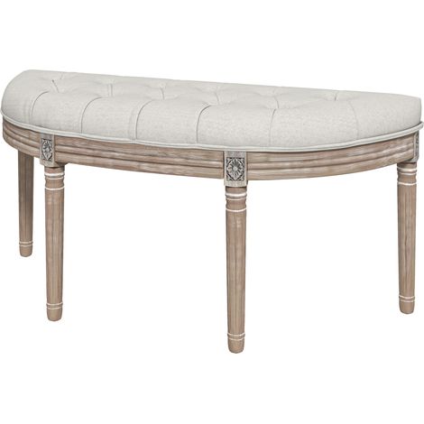 Banc demi-lune de style Louis XVI à placer au pied du lit, structure en bois massif sculpté, assise en lin beige (1/5)