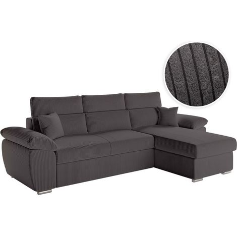 Canapé KOMECO d'angle reversible convertible avec coffre et têtières en velours côtelé - Gris (1/5)