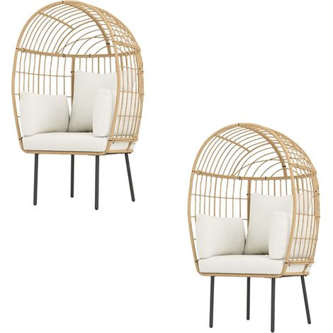 2er-Set rattansessel Ei-Förmig mit abnehmbarem Kissen, Polster, übergroße Outdoor Sessel aus Rattan, Wetterfest Korbsessel Gartensessel Gartenstühle für Garten Balkon, Veranda, Terrasse Beige