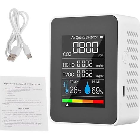 Compteur de qualité de l'air - Moniteur de qualité de l'air pour / HCHO/TVOC/TEMP/HUMI - Détecteur de dioxyde de carbone multifonction 5 en 1 - Données en temps réel et enregistrement moyen