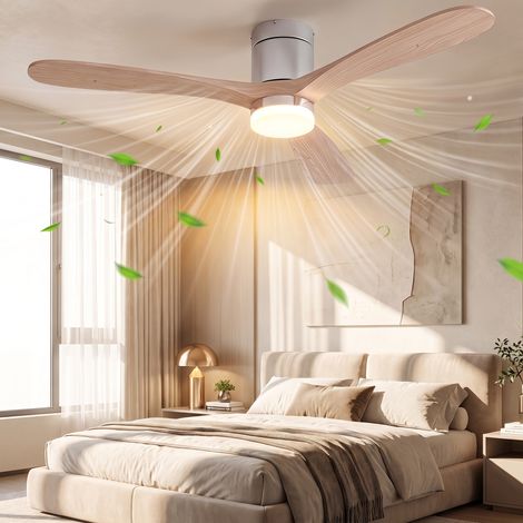Ventilador de techo con luz LED 132 cm 52 pulgadas mando a distancia silencioso para salón y dormitorio de madera maciza color natural (1/5)