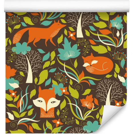 Papel pintado con zorros pintados en el bosque para salón y dormitorio, 50x1000 cm. (1/5)