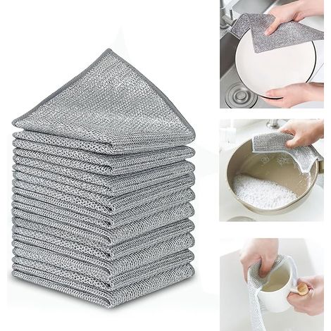 (10 pièces) Chiffon de Nettoyage en métal – Éponge métallique pour Taches tenaces, Chiffons à Vaisselle Polyvalents en Fil, réutilisables (Double Couche) (1/5)