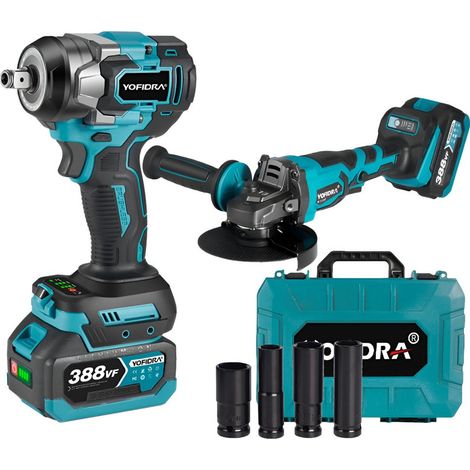 Atornillador de impacto a batería Brushless 700 Nm 1/2" + Amoladora Ø 125 mm, con dos baterías y 4 vasos