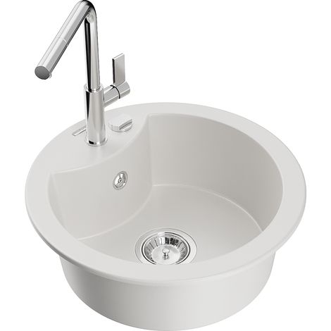 Mexen Diego lavello in granito a 1 vasca con miscelatore cucina Flora, bianco - 6512-20-670401-00 (1/5)