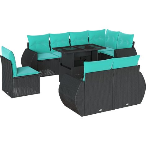 9-teiliges Gartensofa-Set mit Kissen, schwarzes Polyrattan vidaXL (1/5)