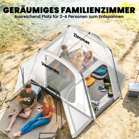 Tente de camping pour 2-4 personnes, 320 x 280 x 205 cm, 2 en 1 tente de toit imperméable, tunnel avec 4 portes, fenêtres et tapis de sol (1/5)
