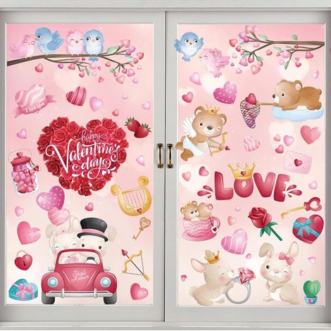 Autocollants pour fenêtre Saint-Valentin, cœurs d'amour, décoration pour vitrine et décoration de fête à la maison