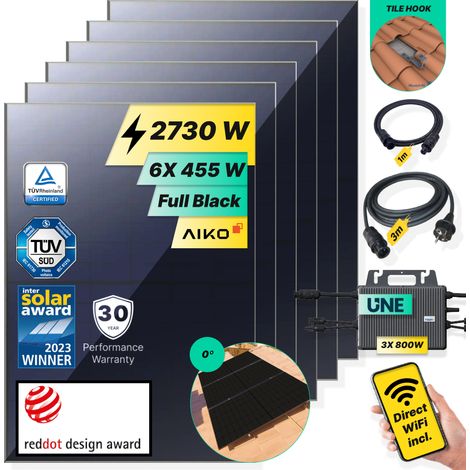 ROBINSUN®️ Kit Solar Enchufable Performance Roof 2.730Wp, 6 paneles Aiko 455Wp+ 3 Microinversores 800W Wifi incluído+ Cable 3m+ 6 Fijaciones Salvateja (1/5)