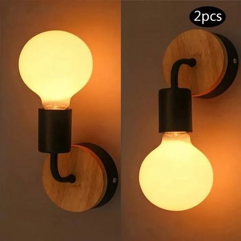Set mit 2 Retro-Wandleuchten aus Holz, schwarze E27-Wandlampe (1/5)
