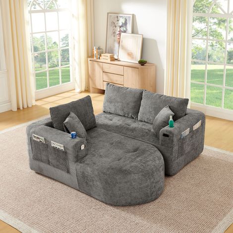 Canapé en angle L design nuage, accoudoirs avec porte-verre inox thermorésistant, housse lin respirante et solide, poches latérales pratiques, sans assemblage (1/4)