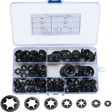 APEX 340 Pièces Rondelles Autobloquante, Rondelles Plates, Rondelles de Blocage Internes Rapide pour Équipement Mécanique, Production Industrielle Absorption Chocs - M3/M4/M5/M6/M8/M10/M12 (1/5)