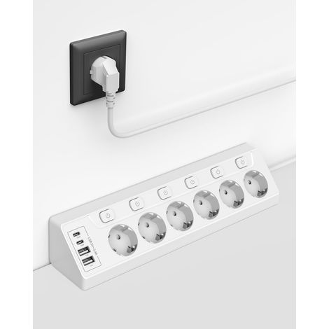 Multiprise d'Angle, Interrupteur Individuel, 6 Prises avec 4 Ports USB (2 USB-C 20W + 2 USB-A), Protection Contre Les Surtensions, Sécurité Enfants, Câble 2m, 3680W pour Cuisine, Bureau, Maison (1/5)