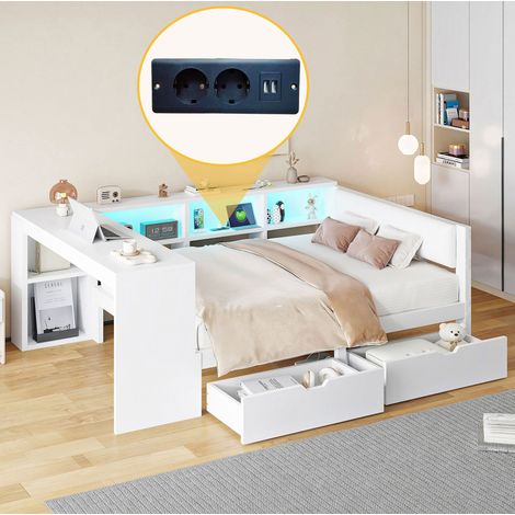 Plattformbett 140/200 cm weiß aus MDF und Sperrholz mit gepolstertem Kopfteil, USB-Ladestation und LED (1/5)