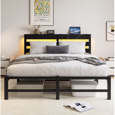 Letto moderno in metallo e legno nero 140x190 cm con testiera a mensola, 2 USB e illuminazione LED RGB (1/5)