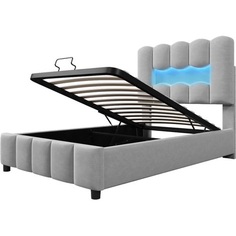 Cama tapizada 90 x 200 cm gris de terciopelo con LED, arcón hidráulico y cabecero ajustable (1/5)