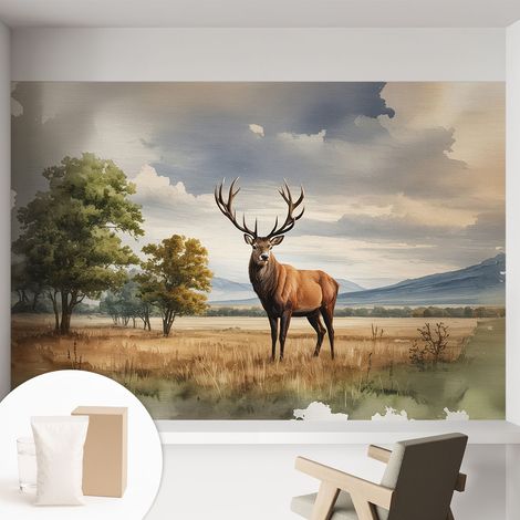 Papier peint intissé mural avec imprimé pour décoration pour salon pour chambre à coucher pour entrée Cerf majestueux 152x104 cm (1/5)