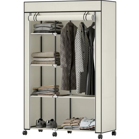 Armoire penderie tissu 6 roulettes tringle étagères ouvertes 103x43x162.5cm crème