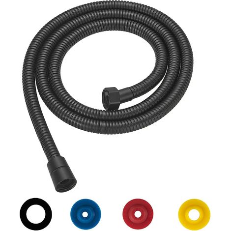 Flexible de Douche Universel 1.5M Flexible de Douche Noir Tuyau de Douche en Acier Inoxydable G1/2" Raccord Fileté Universel Flexible Douchette avec 4 Limiteur De Débit d'Eau (1/5)
