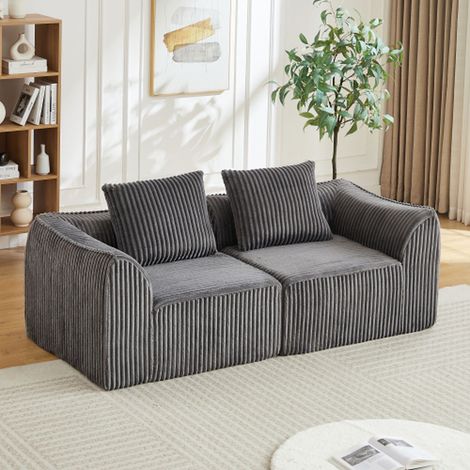Canapé velours côtelé beige, lignes courbes dossier incliné avec 2 coussins confortable style minimaliste (1/5)