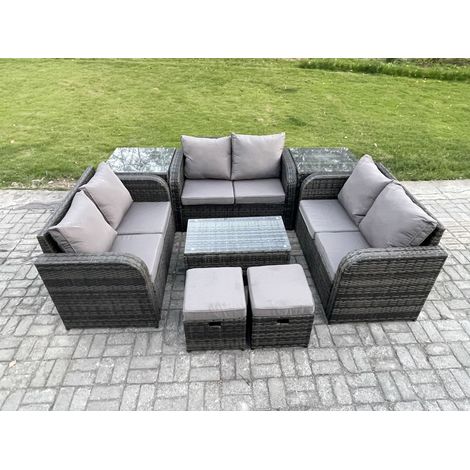 Fimous Wicker PE Rattan Garden Furniture Set 8 Seater Outdoor Lounge Sofa Set with Love Sofa Coffee Table 2 Side Tables 2 Small Footstools Dark Grey Mixed (1/5)
