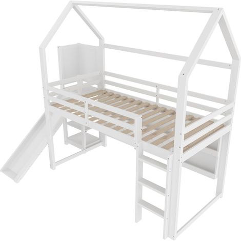 Kinder Hochbett 90×200 cm, Einzelbett mit Rutsche, LED, Regalen und Absturzsicherung, ohne Matratze, Weiß (1/4)