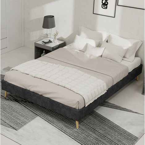 Letto in tessuto e metallo grigio 140x200 cm con testiera alta e rete a doghe (1/5)
