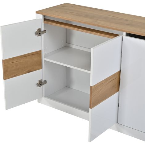 Buffet 140 x 35 x 70 cm, meuble de rangement, 4 portes coulissantes, étagères réglables, éclairage LED, rangement intérieur organisé, MDF, blanc (1/5)