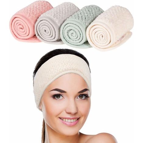 Lot de 4 bandeaux pour le visage , Ajustables et doux, pour le lavage du visage et la douche , Vert pois, Rose, Beige, Gris clair (1/5)