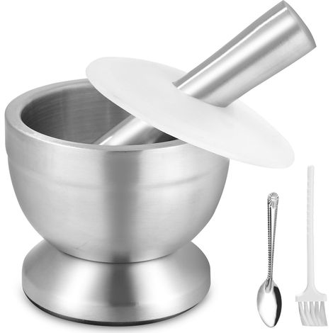 304 Kitchen Mortar Pestle with Brush, Spoon and Silicone Lid, Spice Mill, Grinder and Herb Bowl, for Grinding, Mixing and Storage (1/5)